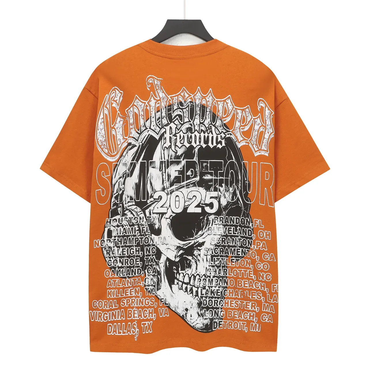 Camiseta naranja con estampado de calavera Godspeed Summer Tour 2025 3