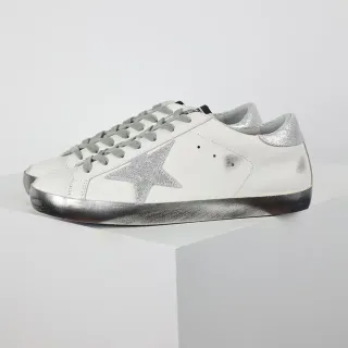 Golden Goose Super-Star White and Silver Glitter Star Lifestyle Sneakers