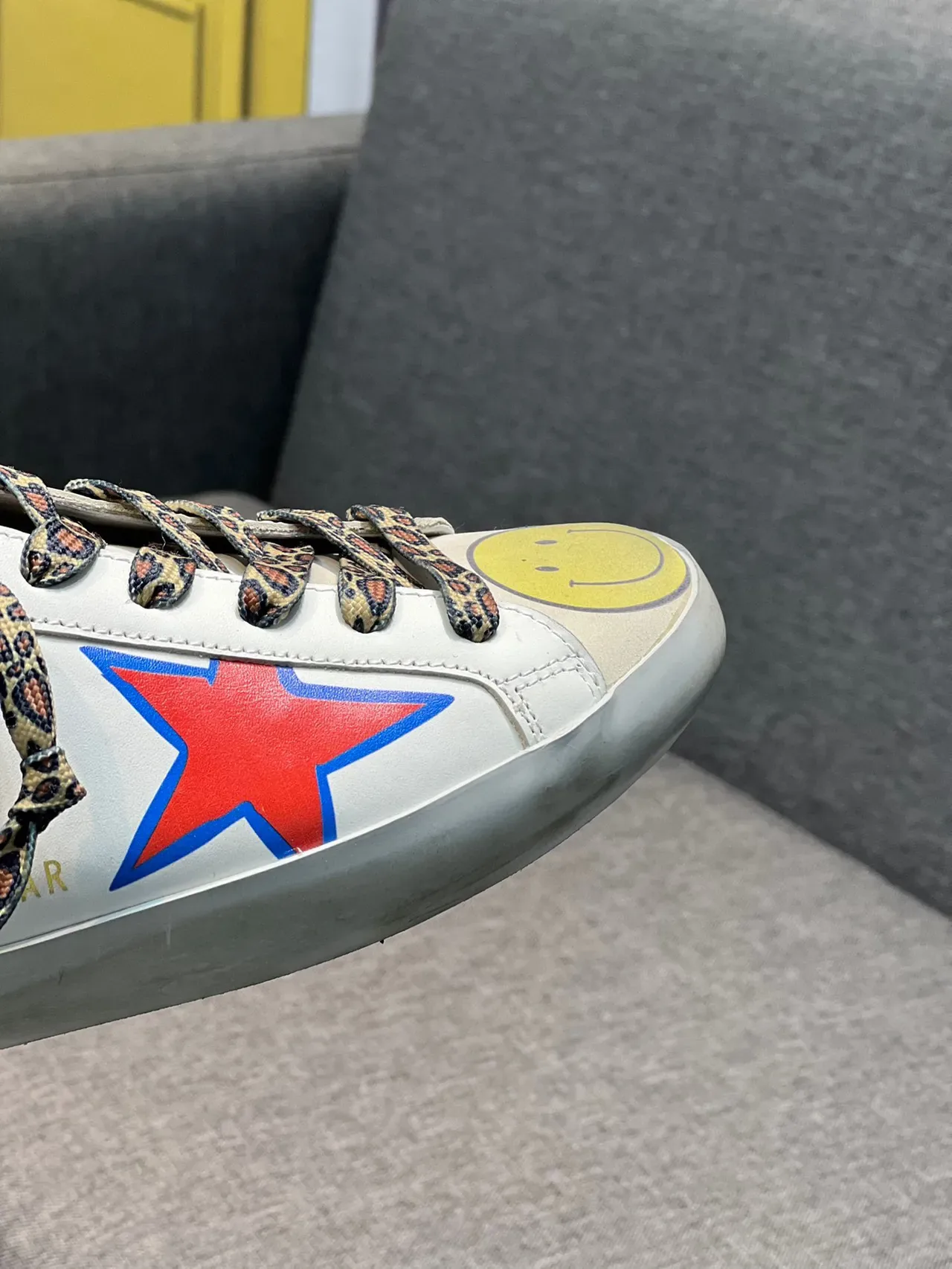 Golden Goose Super-Star White Yellow Distressed Rubber Sole Leopard-Print Laces Lifestyle Sneakers 3