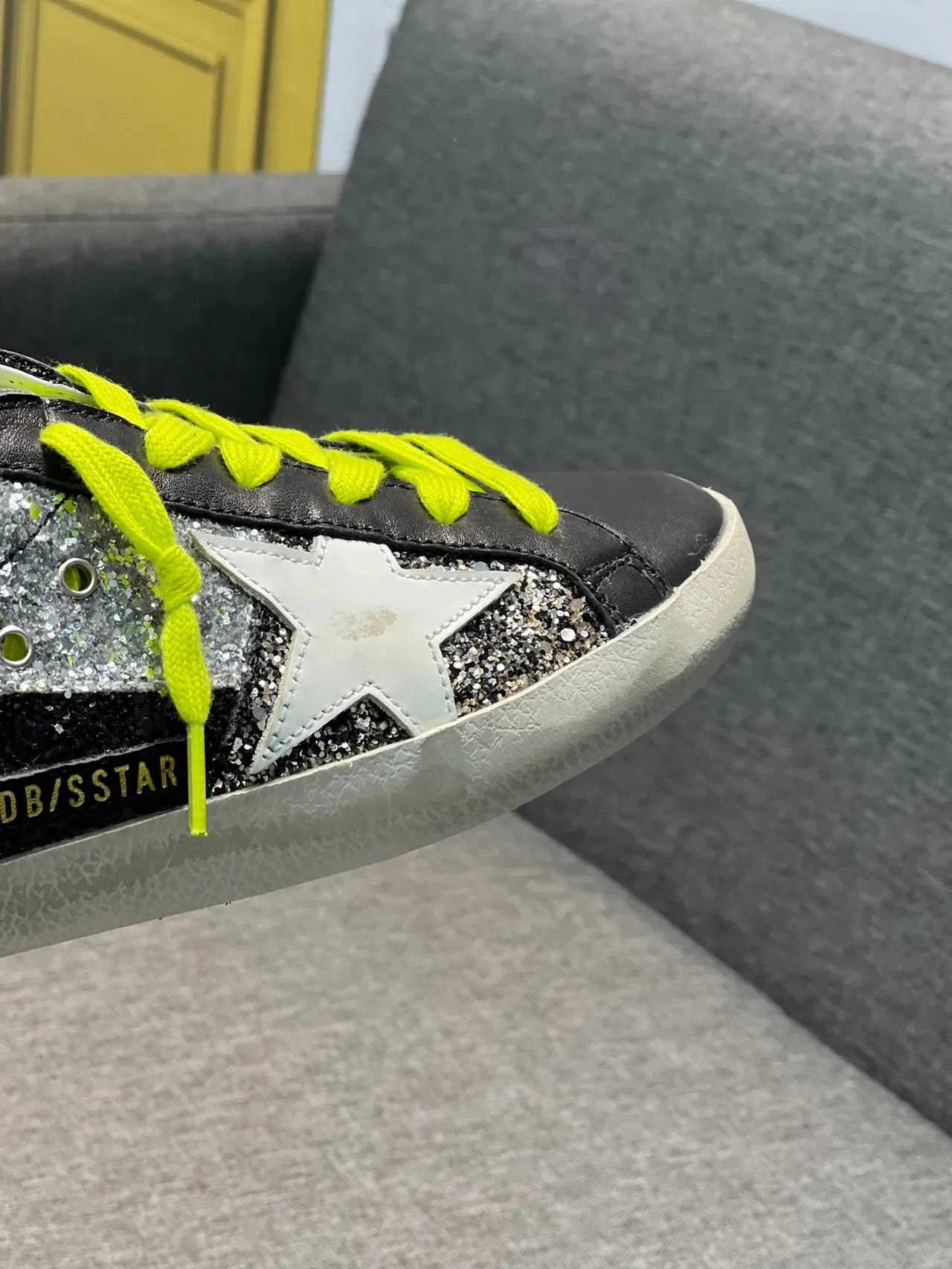 Golden Goose Superstar Black Silver Glitter Neon Yellow Lace-Up Lifestyle Sneakers 4