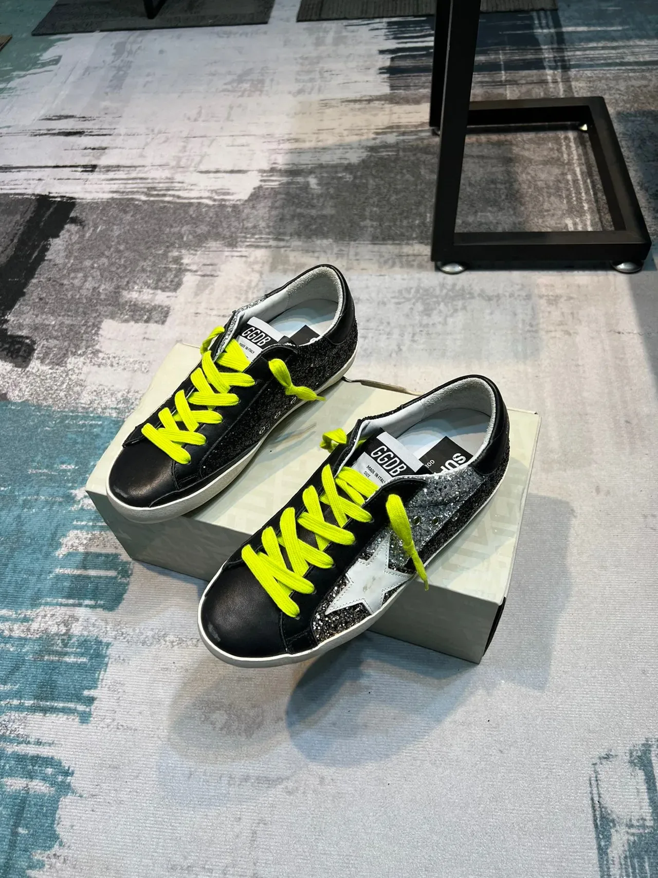 Golden Goose Superstar Black Silver Glitter Neon Yellow Lace-Up Lifestyle Sneakers 5