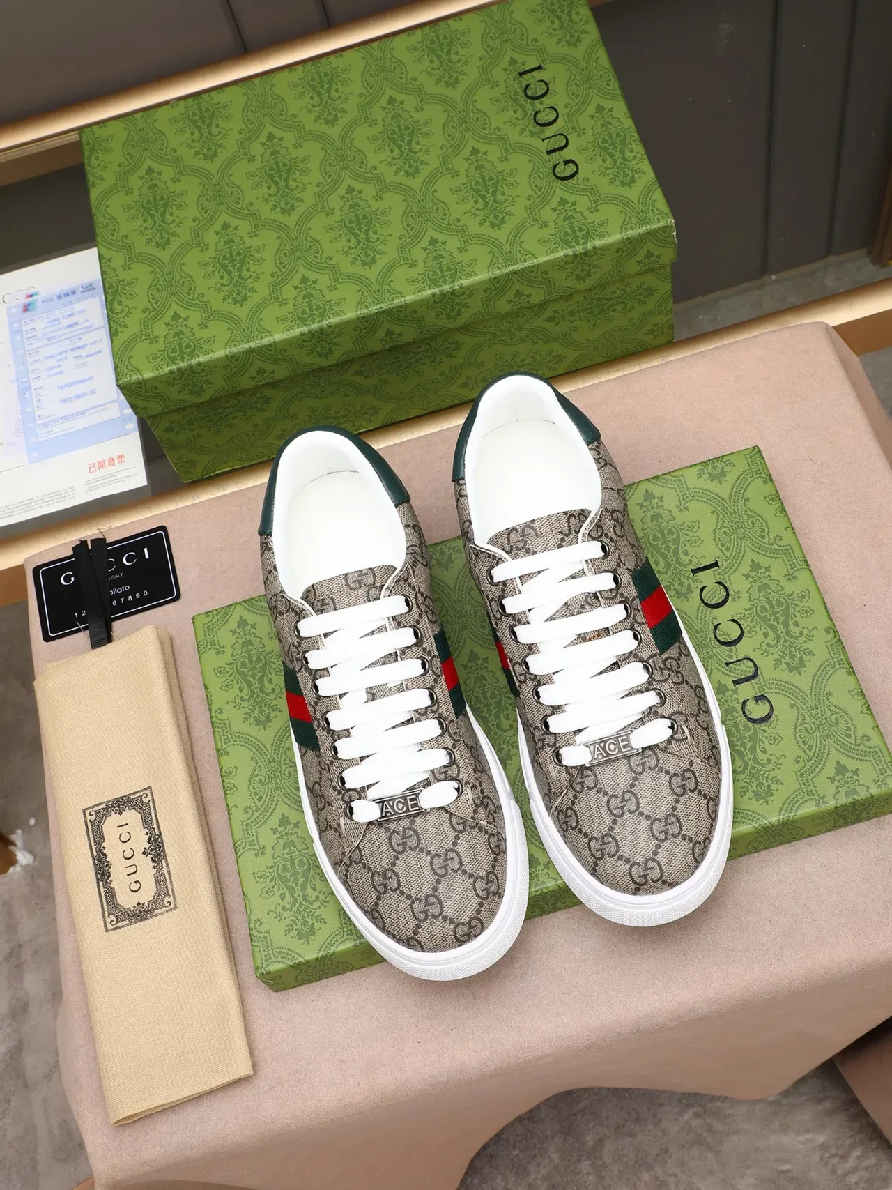 Gucci Ace GG Monogram Web Stripe Beige sneakers lifestyle 2