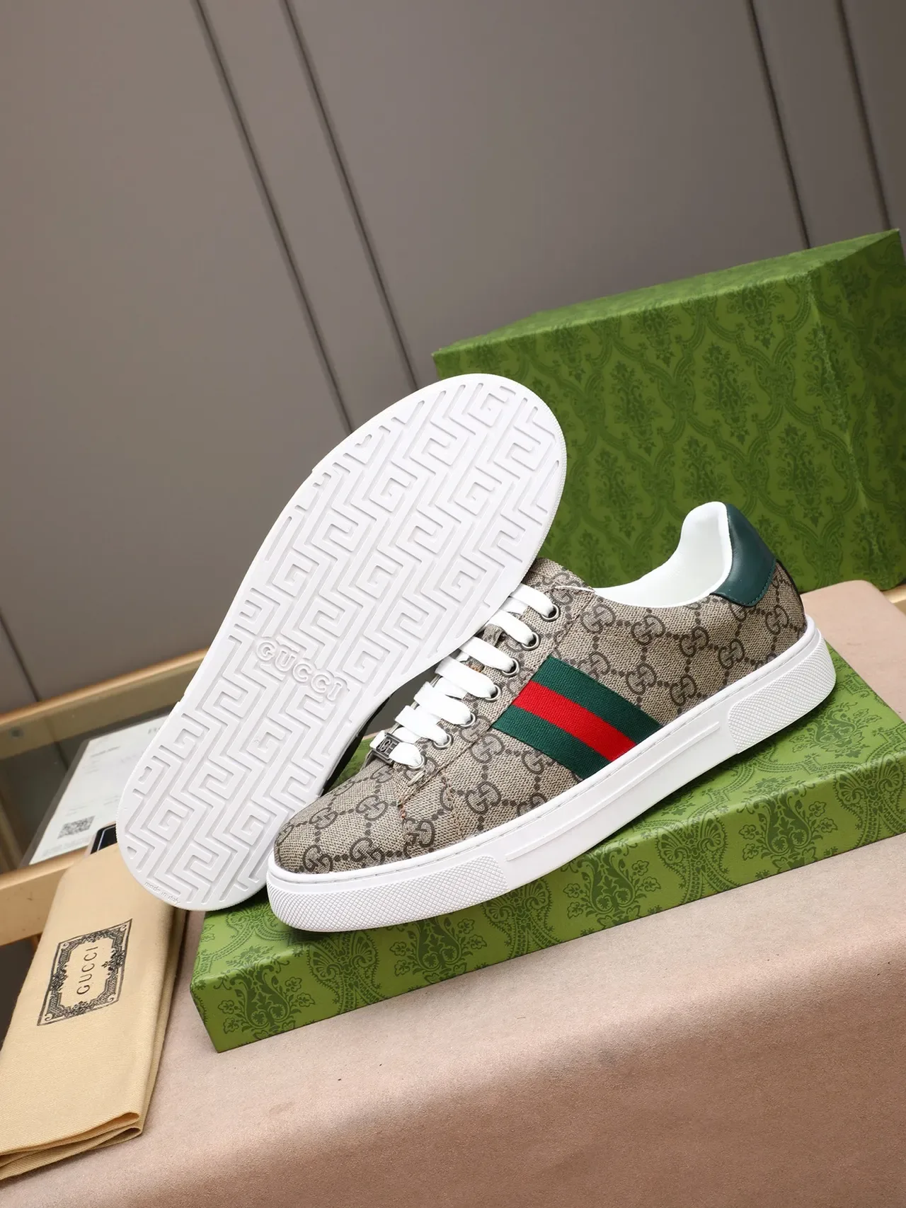 Gucci Ace GG Monogram Web Stripe Beige sneakers lifestyle 4