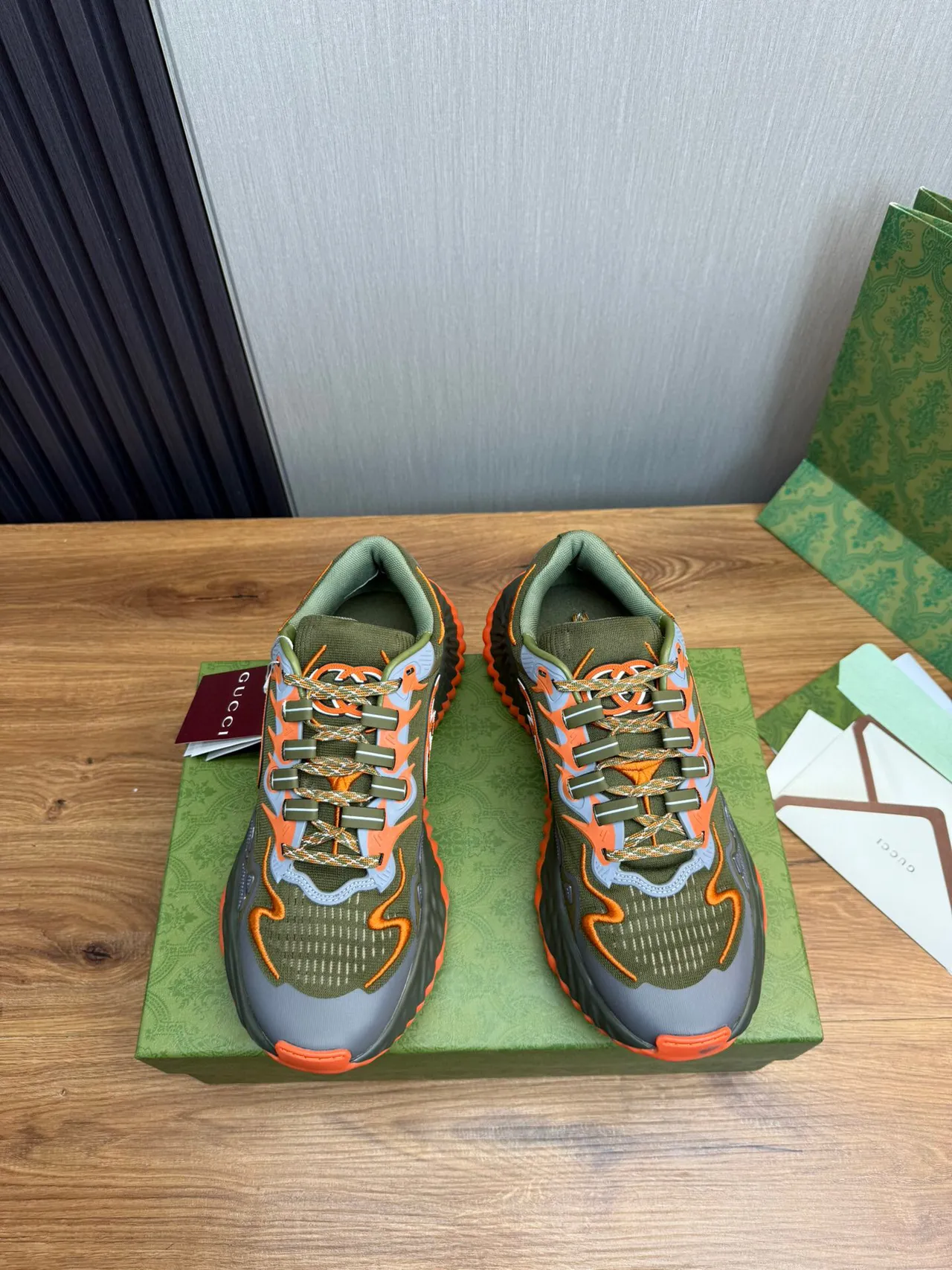 Gucci Army Green Orange Sculpted Wavy Sole Knit Upper Chunky Sneakers 2