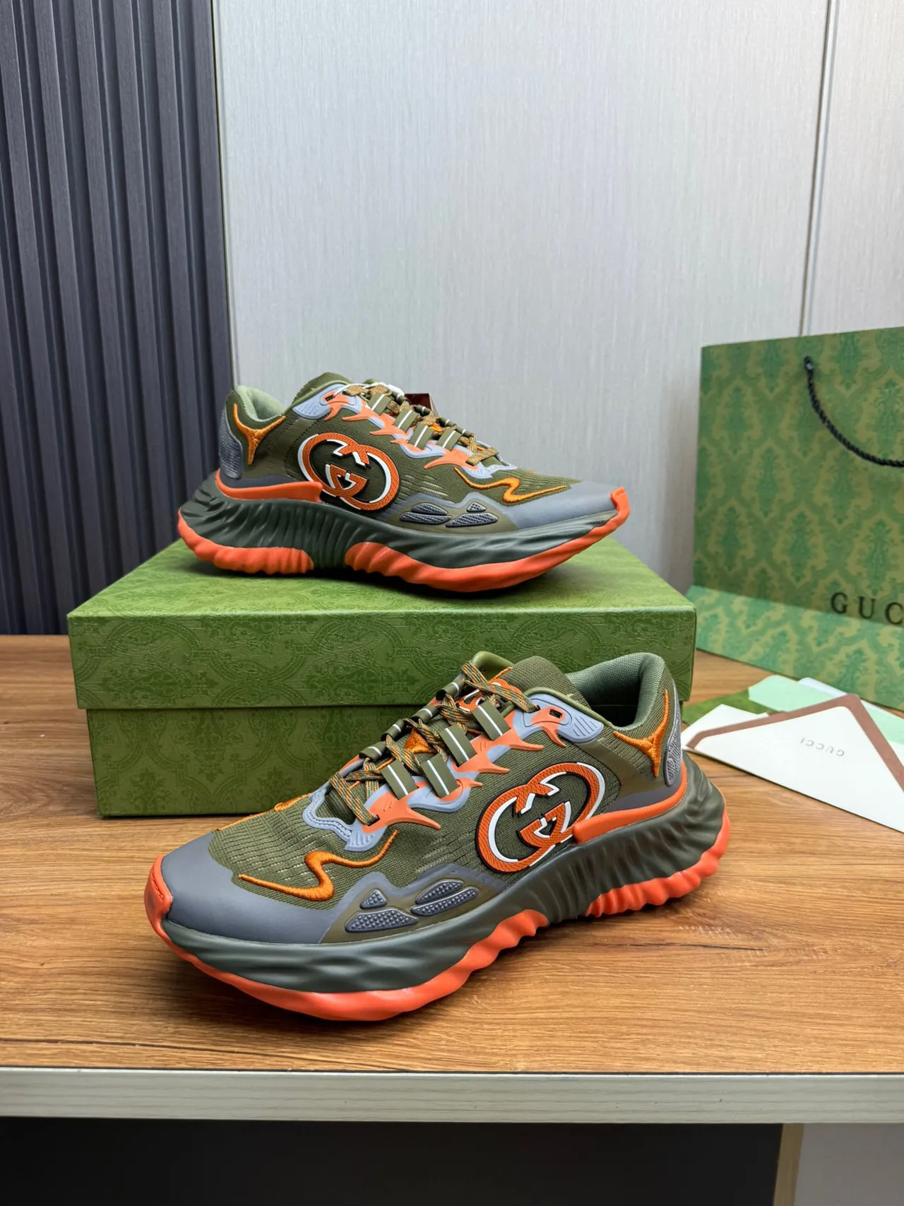 Gucci Army Green Orange Sculpted Wavy Sole Knit Upper Chunky Sneakers 3