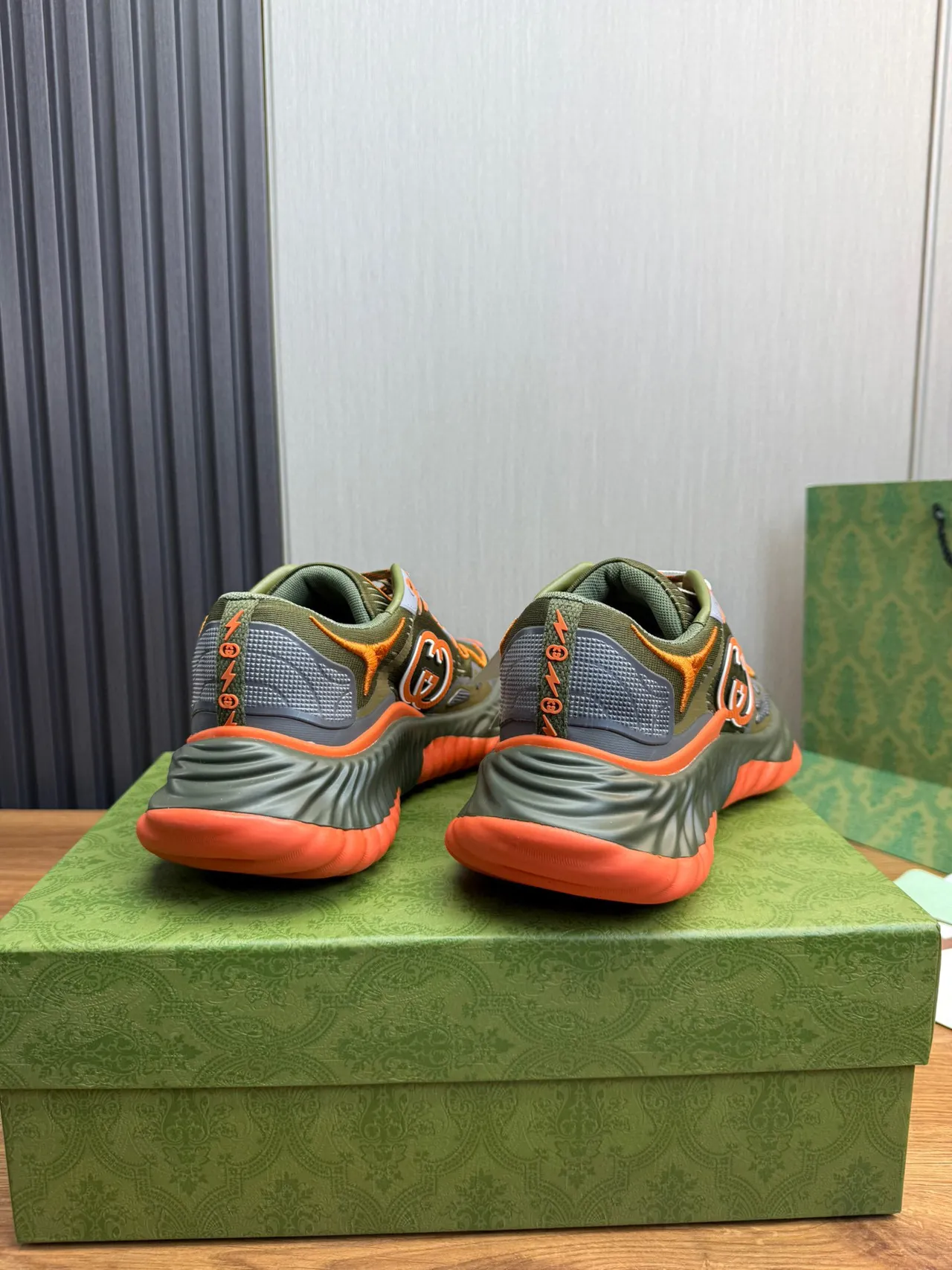 Gucci Army Green Orange Sculpted Wavy Sole Knit Upper Chunky Sneakers 4