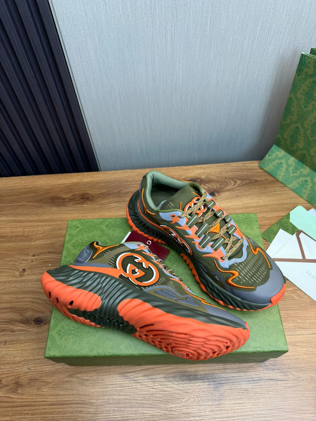 Gucci Army Green Orange Sculpted Wavy Sole Knit Upper Chunky Sneakers 5