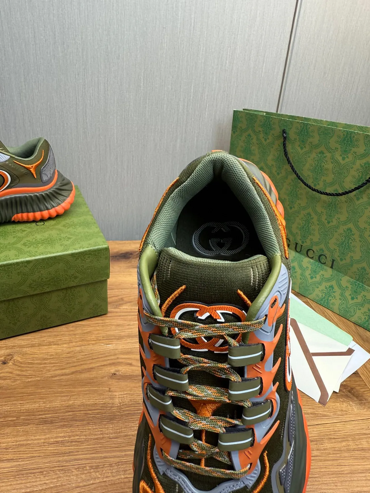 Gucci Army Green Orange Sculpted Wavy Sole Knit Upper Chunky Sneakers 7