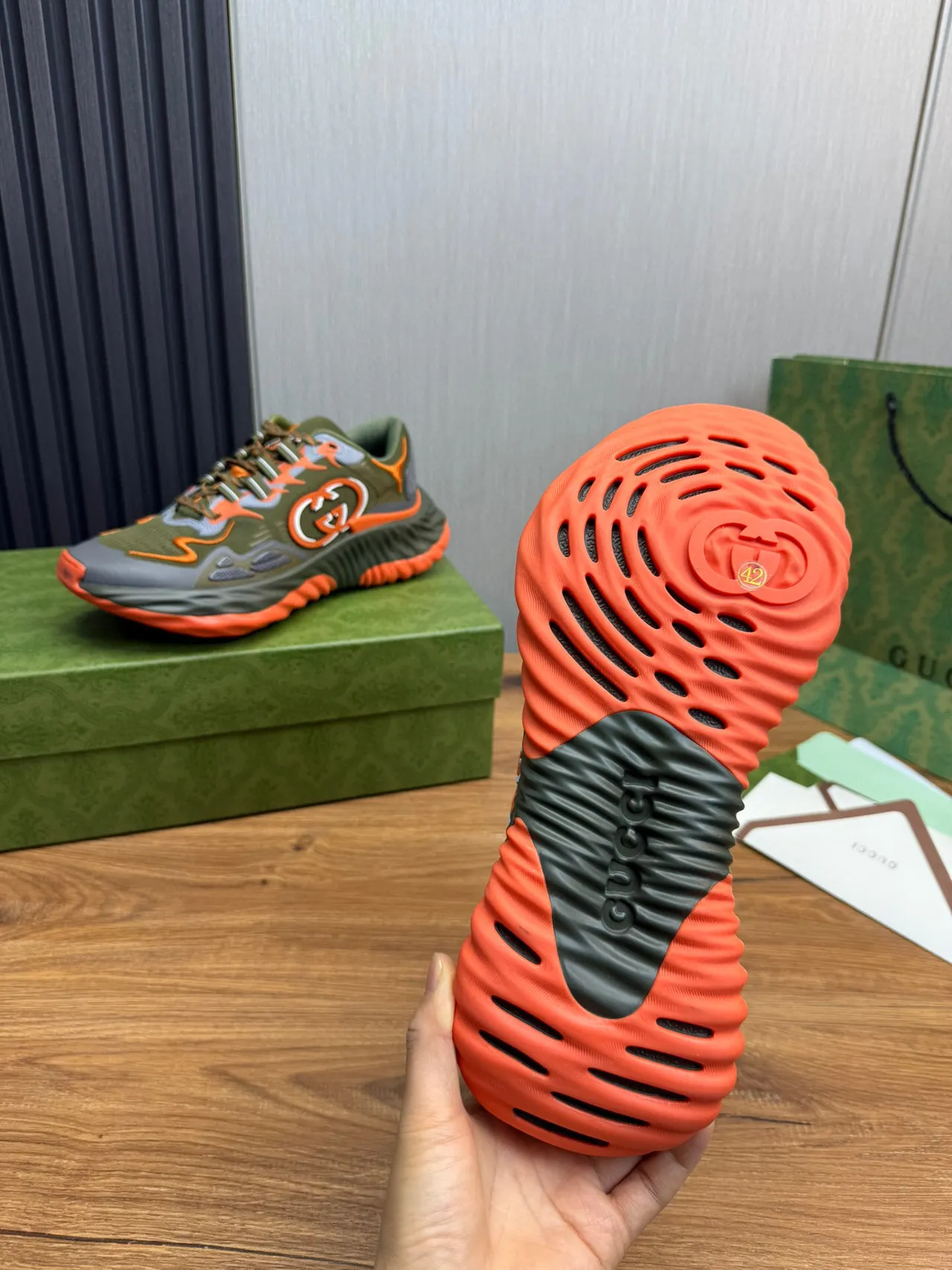 Gucci Army Green Orange Sculpted Wavy Sole Knit Upper Chunky Sneakers 9