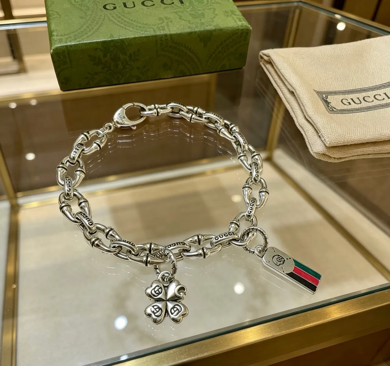 Gucci Bamboo Chain Silver Multicolor Engraved Branding Bracelet 1