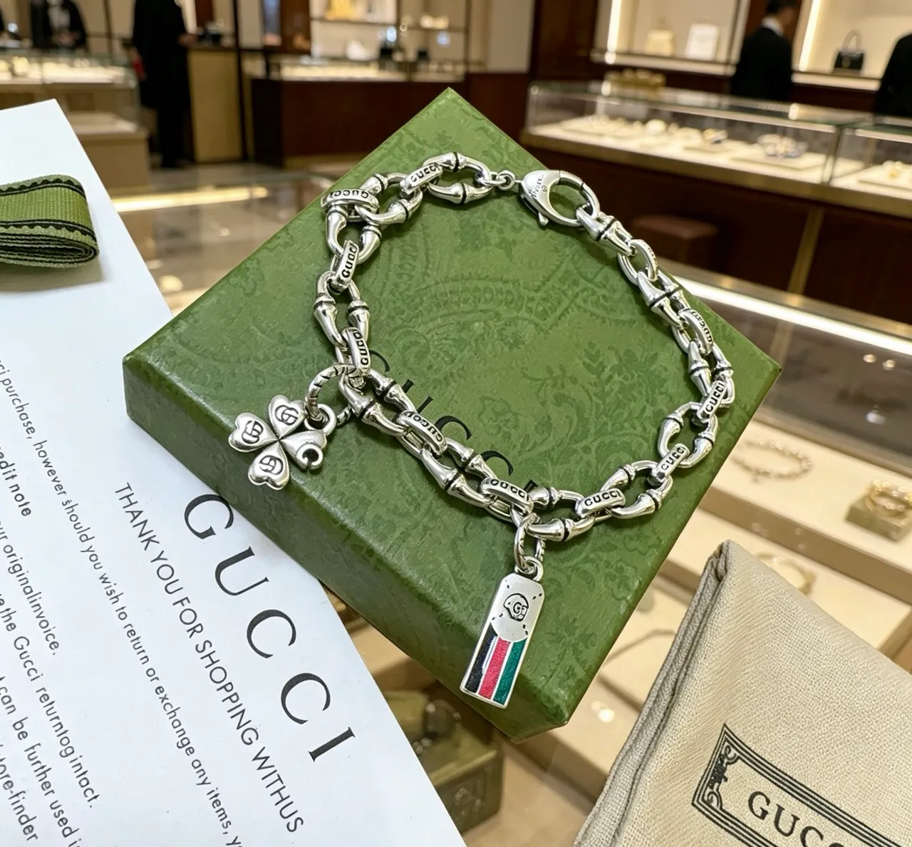 Gucci Bamboo Chain Silver Multicolor Engraved Branding Bracelet 3