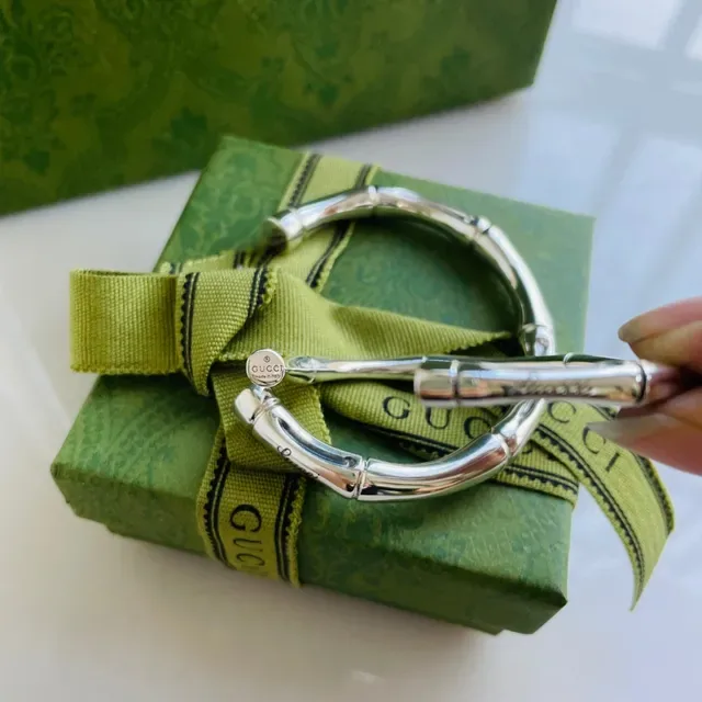 Gucci Bamboo Silver Green Segmented Polished Metal Bracelet 4