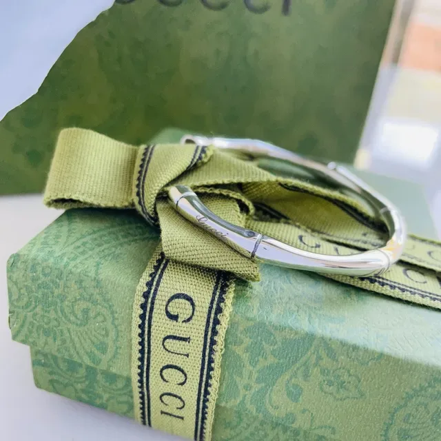 Gucci Bamboo Silver Green Segmented Polished Metal Bracelet 6