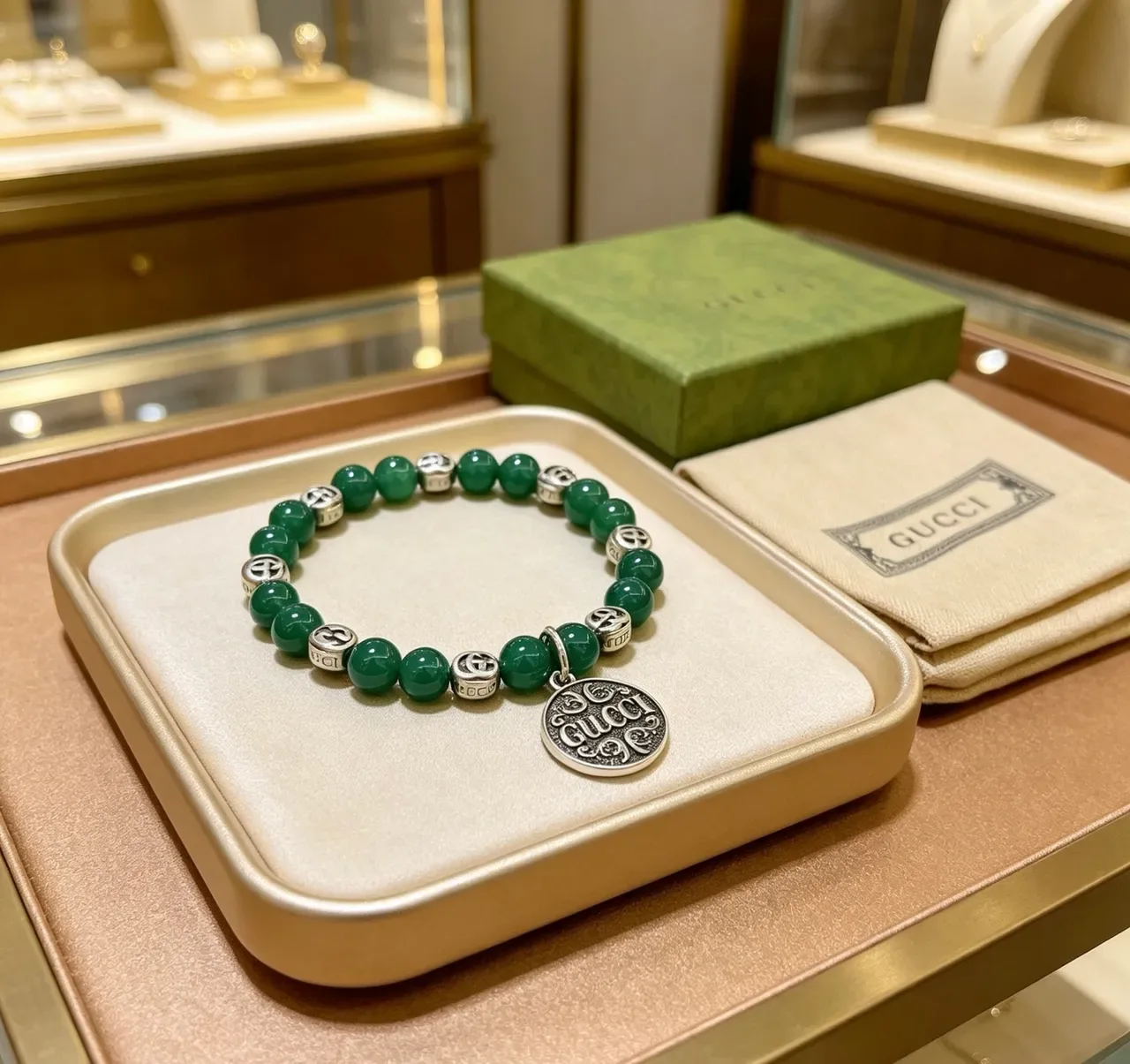 Gucci Beaded Green Stone and Silver-Tone Pendant Bracelet 7