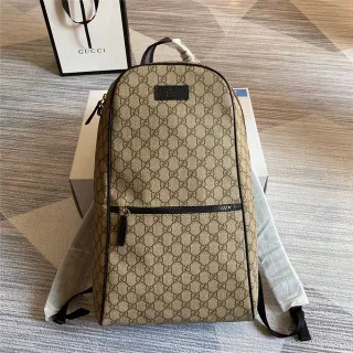 Gucci Beige Black GG Monogram Canvas Leather Trim Casual Backpack