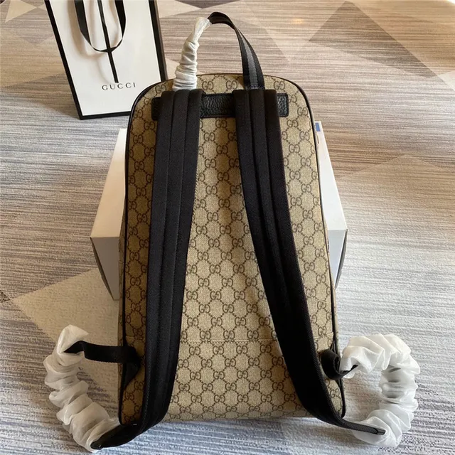 Gucci بيج أسود GG Monogram كانفاس حافة جلد حقيبة ظهر كاجوال 18