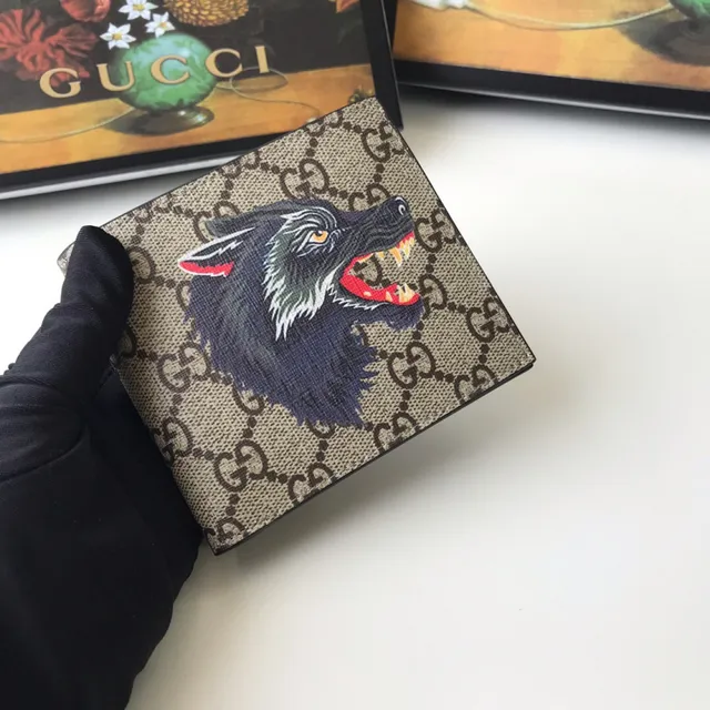 Gucci Beige Black GG Supreme Canvas Embroidered Wolf Head Short Wallet 8