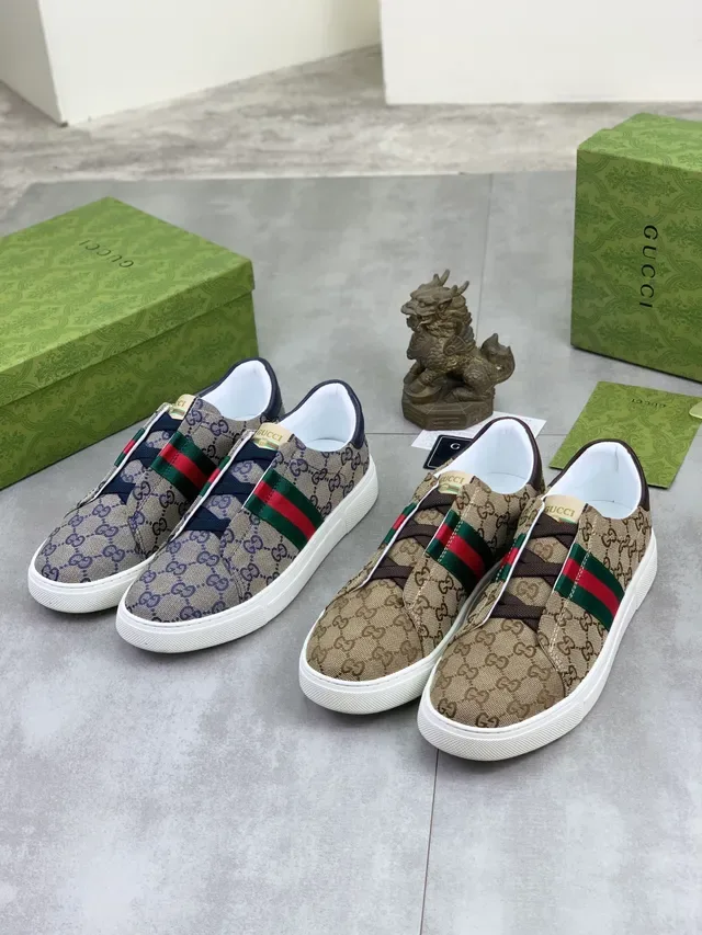 Gucci Beige Navy GG Monogram Canvas Web Stripe Accent Sneakers Lifestyle 2