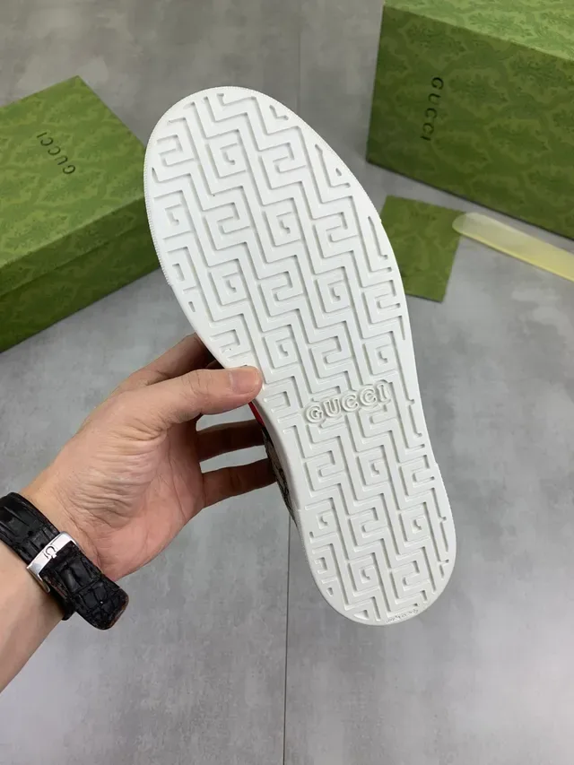 Gucci Beige Navy GG Monogram Canvas Web Stripe Accent Sneakers Lifestyle 3