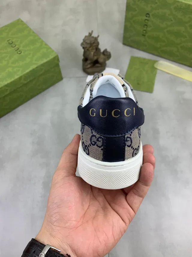 Gucci Beige Navy GG Monogram Canvas Web Stripe Accent Sneakers Lifestyle 4