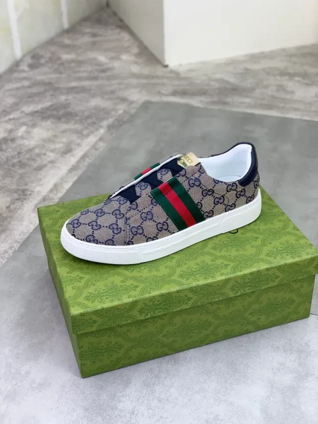 Gucci Beige Navy GG Monogram Canvas Web Stripe Accent Sneakers Lifestyle 5