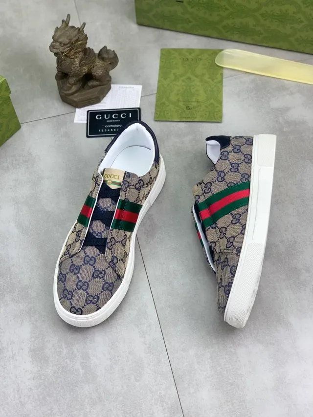 Gucci Beige Navy GG Monogram Canvas Web Stripe Accent Sneakers Lifestyle 6