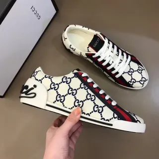 Gucci Beige Navy GG Monogram Canvas Web Stripe Side Panel Lifestyle Sneakers