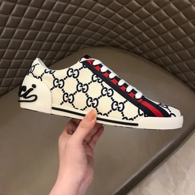 Gucci Beige Navy GG Monogram Canvas Web Stripe Side Panel Lifestyle Sneakers 2