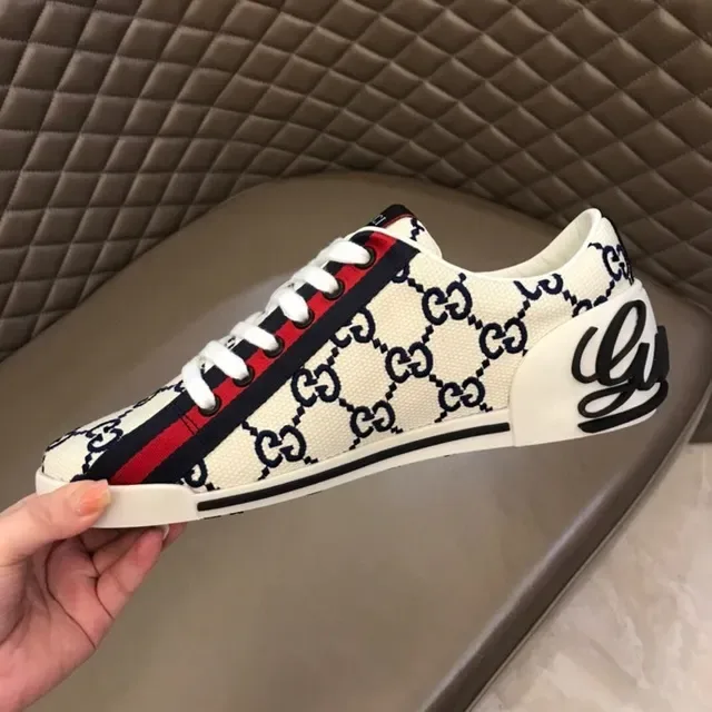 Gucci Beige Navy GG Monogram Canvas Web Stripe Side Panel Lifestyle Sneakers 7