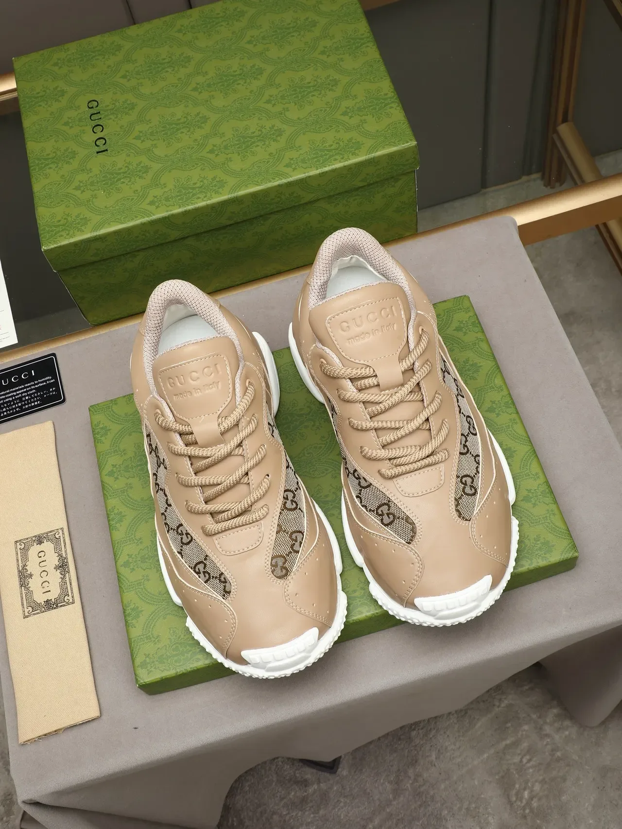 Gucci Beige White Leather And GG-Monogram Mesh Sculpted Sole Lifestyle Sneakers 2