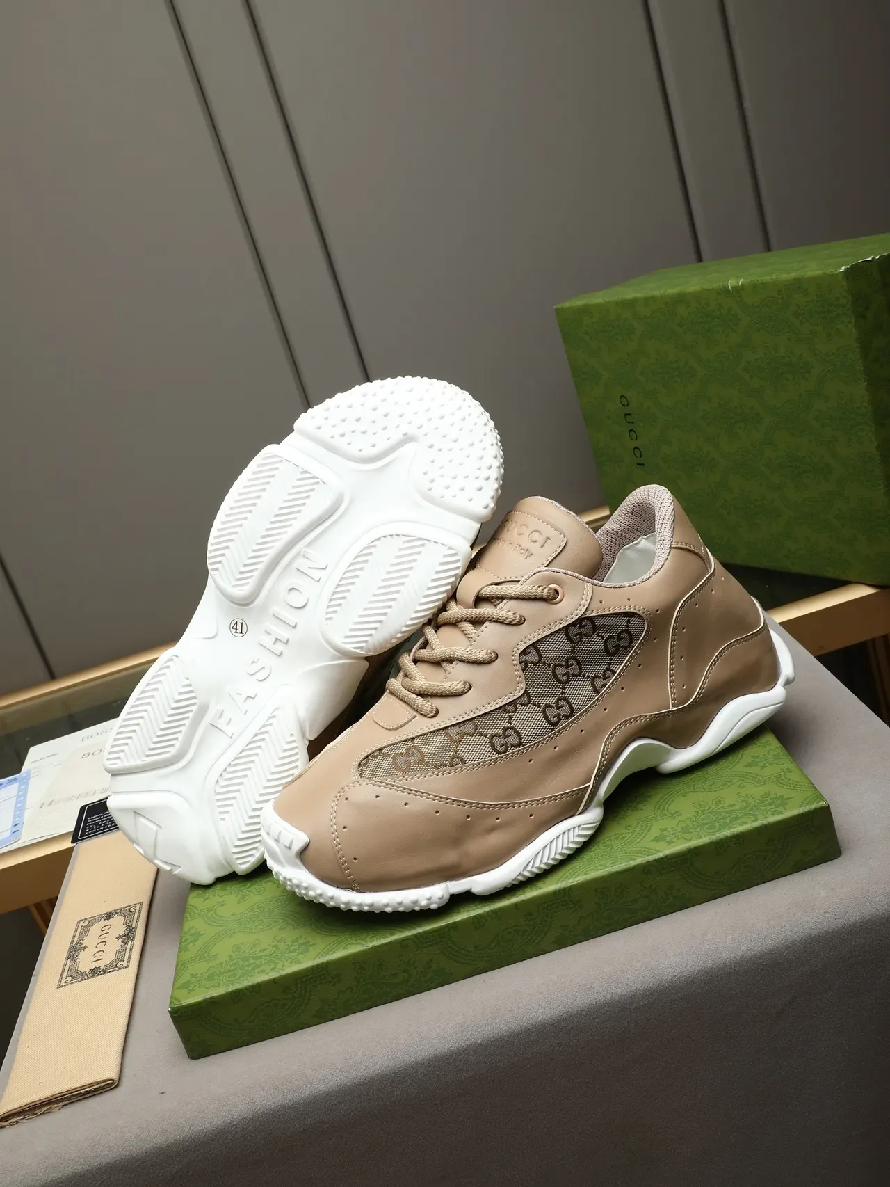 Gucci Beige White Leather And GG-Monogram Mesh Sculpted Sole Lifestyle Sneakers 4