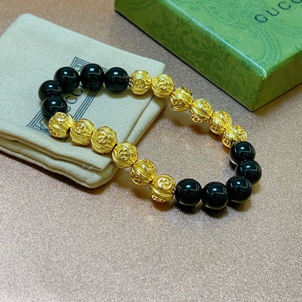 Gucci Black Gold Beaded Alternating Bracelet 5