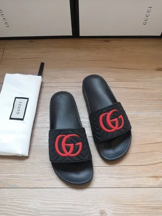 Gucci Black Red Quilted Strap Interlocking GG Logo Slippers 2