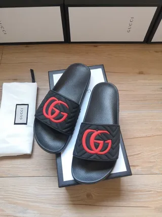 Gucci Black Red Quilted Strap Interlocking GG Logo Slippers 3
