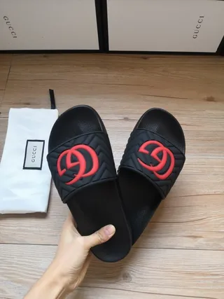 Gucci Black Red Quilted Strap Interlocking GG Logo Slippers 4