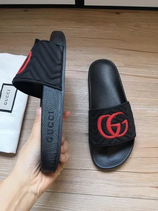 Gucci Black Red Quilted Strap Interlocking GG Logo Slippers 5