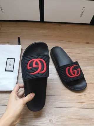 Gucci Black Red Quilted Strap Interlocking GG Logo Slippers 6