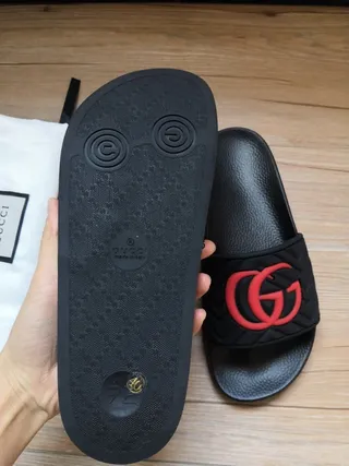 Gucci Black Red Quilted Strap Interlocking GG Logo Slippers 7