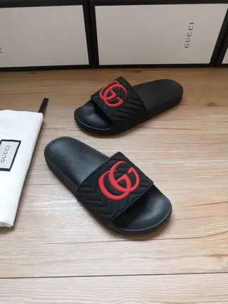 Gucci Black Red Quilted Strap Interlocking GG Logo Slippers 8