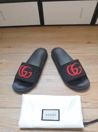 Gucci Black Red Quilted Strap Interlocking GG Logo Slippers 9