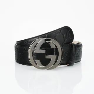 Gucci Black Silver Embossed GG Monogram Polished Interlocking G Buckle Leather Belt