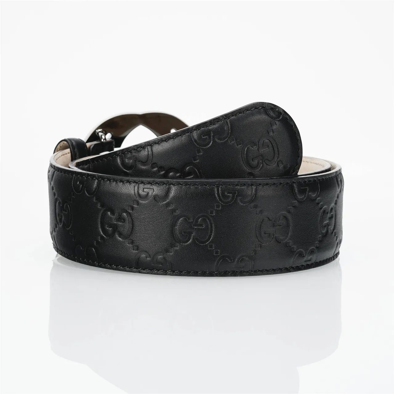 Gucci Black Silver Embossed GG Monogram Polished Interlocking G Buckle Leather Belt 3