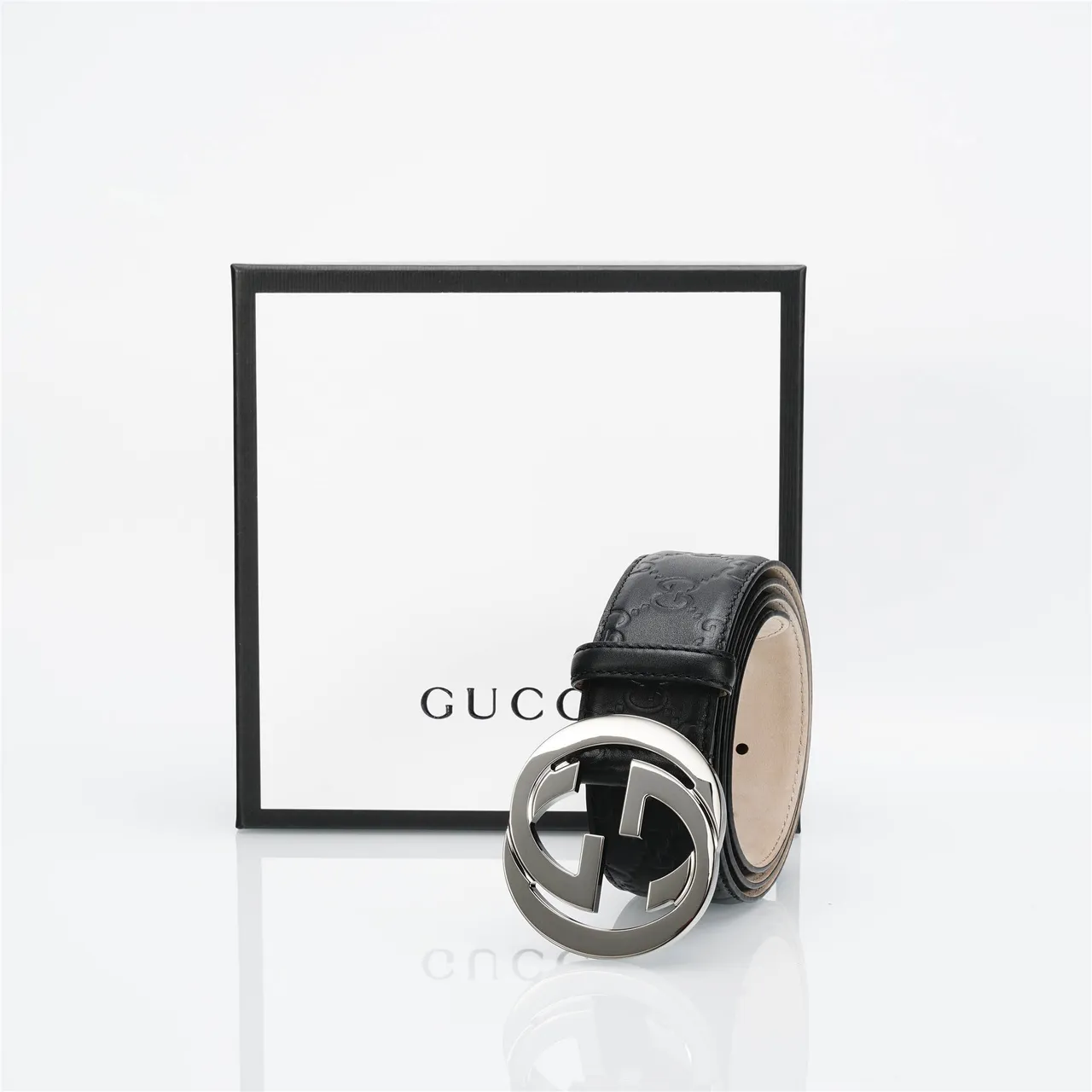 Gucci Black Silver Embossed GG Monogram Polished Interlocking G Buckle Leather Belt 5