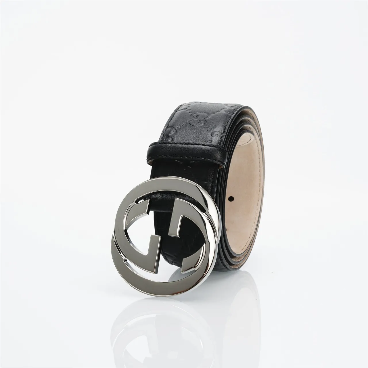 Gucci Black Silver Embossed GG Monogram Polished Interlocking G Buckle Leather Belt 6