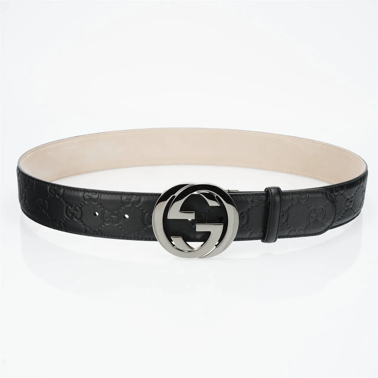 Gucci Black Silver Embossed GG Monogram Polished Interlocking G Buckle Leather Belt 9