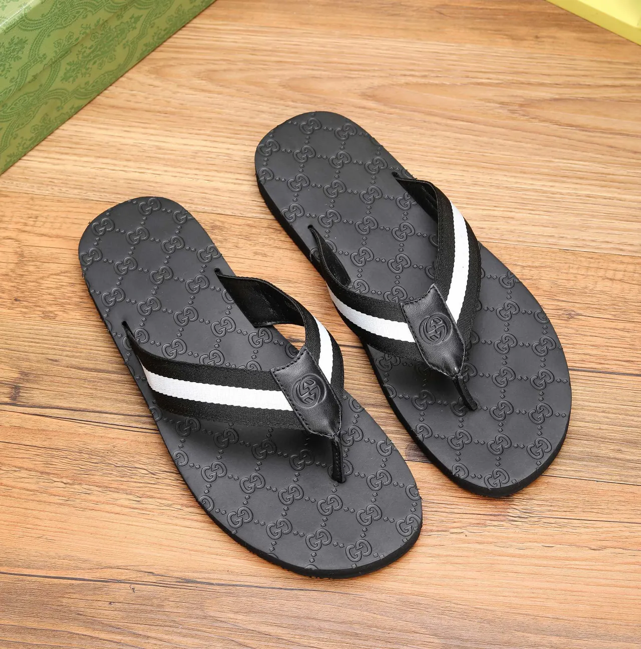 Gucci Black White Embossed GG Monogram Double Stripe Strap Slippers 3