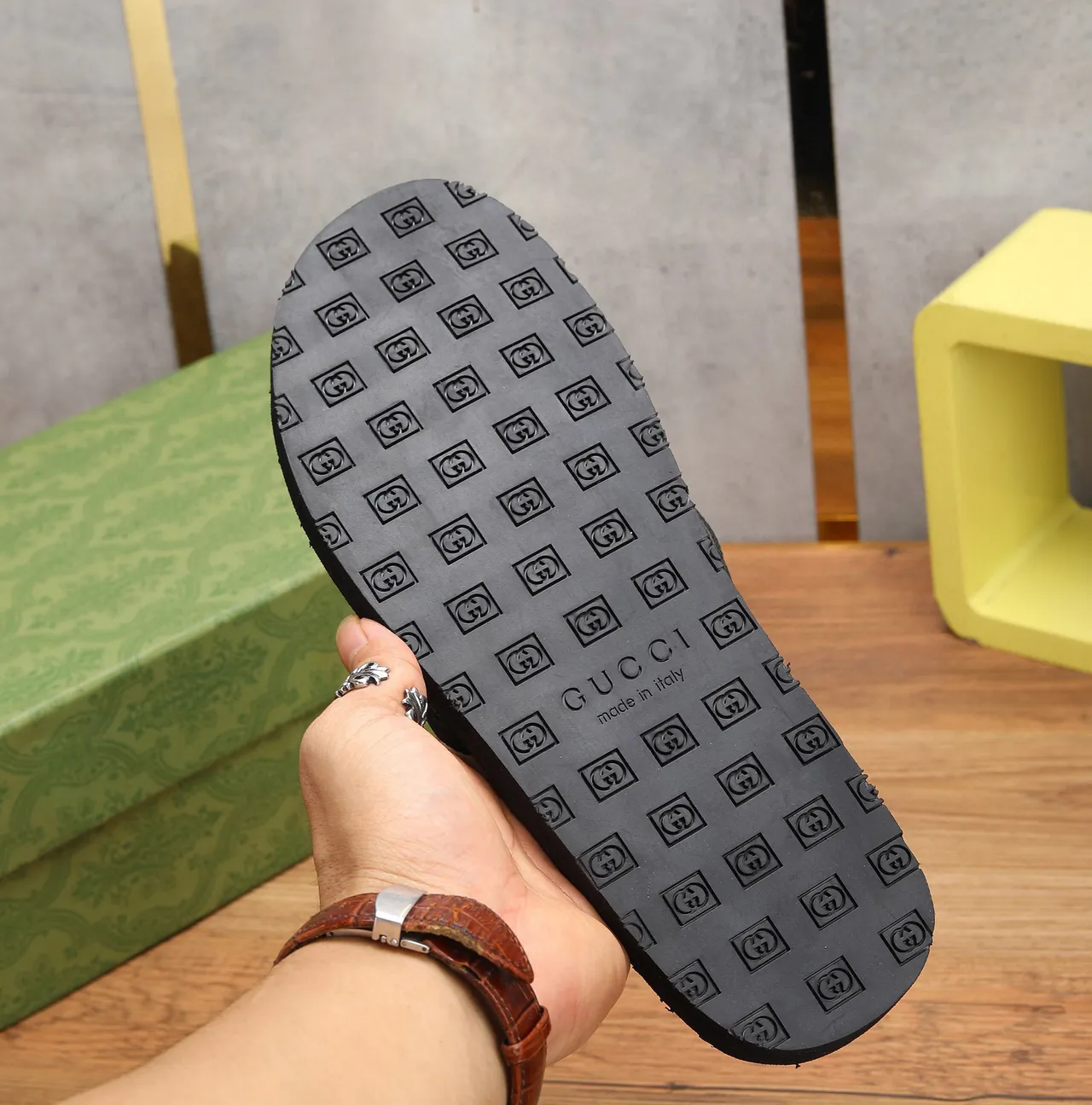 Gucci Black White Embossed GG Monogram Double Stripe Strap Slippers 4