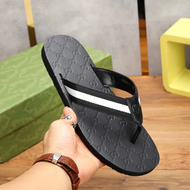 Gucci Black White Embossed GG Monogram Double Stripe Strap Slippers 7