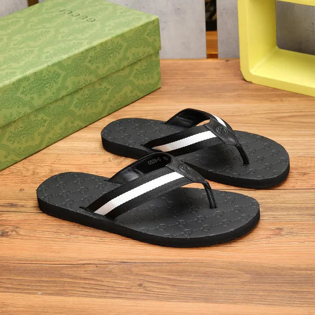 Gucci Black White Embossed GG Monogram Double Stripe Strap Slippers 8