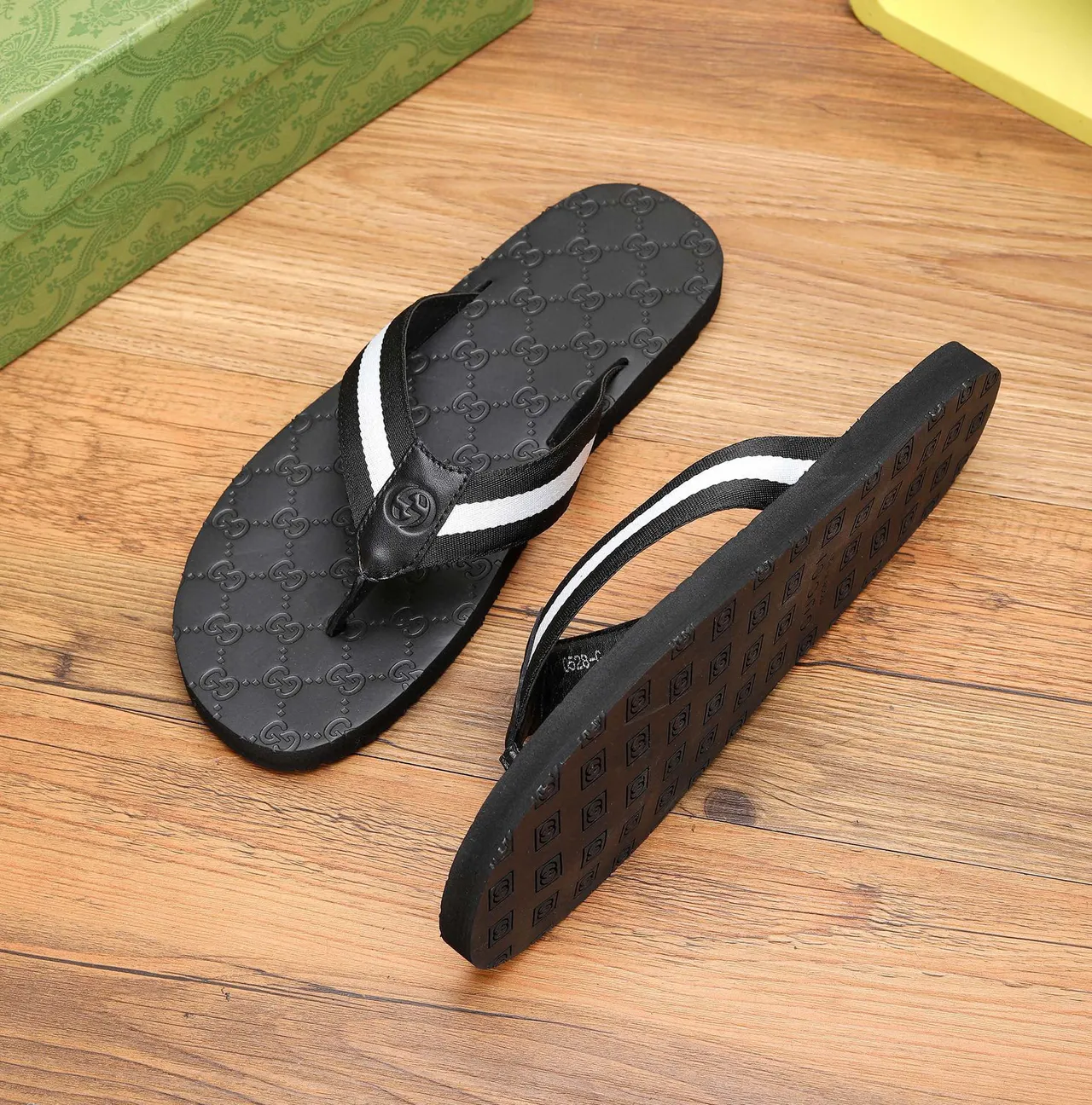 Gucci Black White Embossed GG Monogram Double Stripe Strap Slippers 9